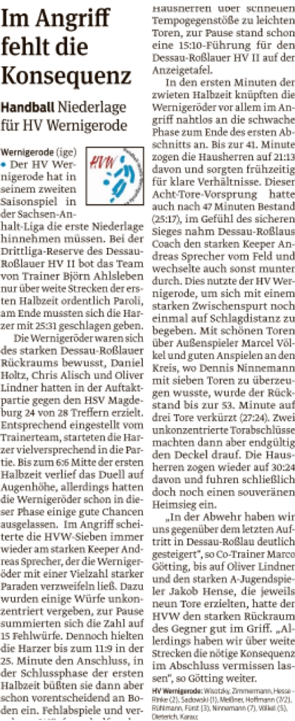 Volksstimme Bericht zum Spiel der 1. Mannschaft in Dessau-Roßlau